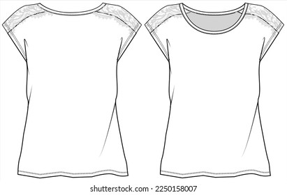 CUT AND SEW LACE INSERT PANEL WITH DROP SHOULDER DETAIL FOR  WOMEN AND TEEN GIRLS IN EDITABLE VECTOR FILE