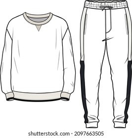 CUT AND SEW PANEL COLOR BLOCK JOGGER AND MATCHING SWEAT SHIRT COORDINATE SET DESIGNED FOR MEN YOUNG MEN AND TEEN BOYS IN VECTOR ILLUSTRATION