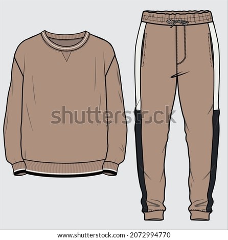 CUT AND SEW PANEL COLOR BLOCK JOGGER AND MATCHING SWEAT SHIRT COORDINATE SET DESIGNED FOR MEN YOUNG MEN AND TEEN BOYS IN VECTOR ILLUSTRATION