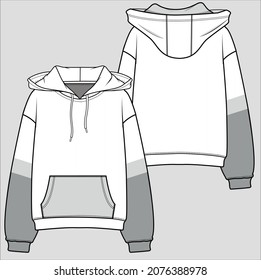 CUT AND SEW PANEL HOODED SWEAT TOP WITH KANGAROO POCKET FOR WOMEN AND TEEN GIRLS IN EDITABLE VECTOR FILE