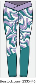 CUT AND SEW PANEL LEGGING WITH ACTIVE PSYCHEDELLIC PRINT AND V CUT WAIST DETAIL DESIGNED FOR WOMEN AND TEEN GIRLS IN VECTOR FILE