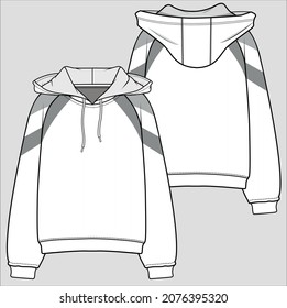 CUT AND SEW PANEL RAGLAN SLEEVES HOODED SWEAT TOP FOR WOMEN AND TEEN GIRLS IN EDITABLE VECTOR FILE