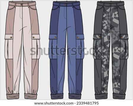 CUT AND SEW PANEL UTILITY CARGO POCKET DETAIL JOGGERS IN CAMOUFLAGE PATTERN DESIGN FOR WOMEN AND TEEN GIRLS IN EDITABLE  FILE