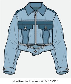 CUT AND SEW PANELLED TONAL COLOR BLOCK CROPPED TRUCKER DENIM JACKET  DESIGNED FOR WOMEN AND TEEN GIRLS IN VECTOR ILLUSTRATION