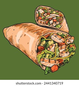 Cut shawarma. Large cut Doner kebab. Fast food illustration.