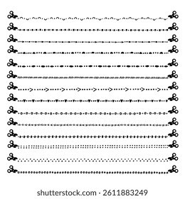 Cut Simple Line Icon Vector Scissor Set. Coupon Dash Here Dot Paper Crop. Doodle Illustration