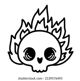 Cut Skull on fire with flames. For T-shirt or poster design. Vector Illustration.