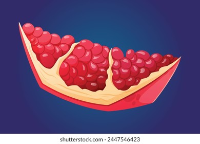 A cut slice of ripe red pomegranate with ruby juicy seeds. Vector isolated cartoon illustration of fruit.