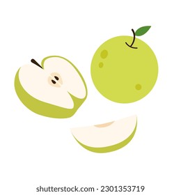 Corte, corte y manzanas frescas enteras, composición. Alimentos orgánicos vitamínicos saludables, dulce natural maduro y fruta agria. Ilustración vectorial plana aislada en fondo blanco