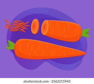 Cut and sliced carrot vector illustrations set. Collection of cartoon drawings of strips and slices of orange vegetable, whole carrot on purple background. Food, nutrition, diet concept