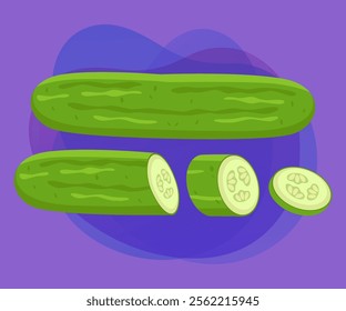 Cut and sliced cucumber or zucchini vector illustrations set. Collection of cartoon drawings of slices of green vegetable, whole and cut cucumber or zucchini. Food, nutrition, diet concept