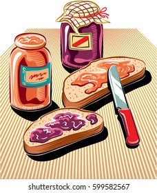 Cut slices of bread, spread with fruit jam, two jam jars and a knife.