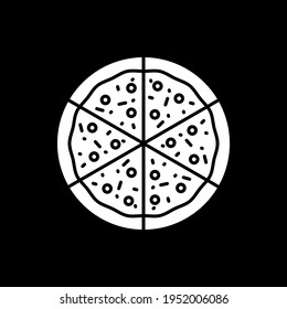 Cut slices of pizza dark mode glyph icon. Fast food delivery. Pizzeria take out. Italian cuisine. Unhealthy meal. White silhouette symbol on black space. Vector isolated illustration