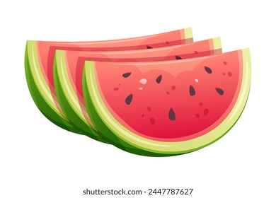 Cut slices of watermelon stand in row on white background. Vector cartoon design element of watermelon flavor, summer