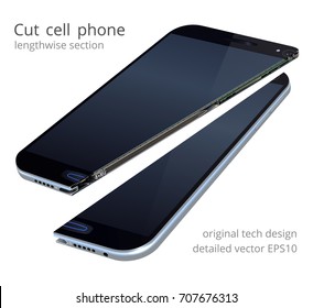 Cut smartphone on a white background. Vector 3D realistic cross section of mobile phone. Cut of inside electronic details based on a real hardware. Eye-catching creative design. Black isolated mock up