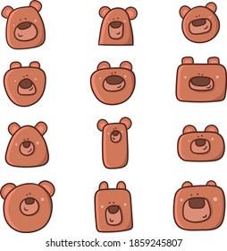 Cut smiley set of Bear head logo clip art cartoon vector colorful lustration