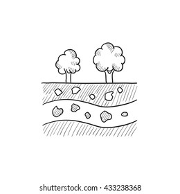 Cut of soil with different layers and tree on top vector sketch icon isolated on background. Hand drawn Cut of soil with different layers icon. Cut of soil sketch icon for infographic, website or app.
