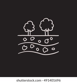 Cut of soil with different layers and tree on top vector sketch icon isolated on background. Hand drawn Cut of soil with different layers icon. Cut of soil sketch icon for infographic, website or app.