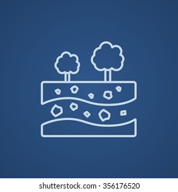 Cut of soil with different layers and trees on top line icon for web, mobile and infographics. Vector light blue icon isolated on blue background.