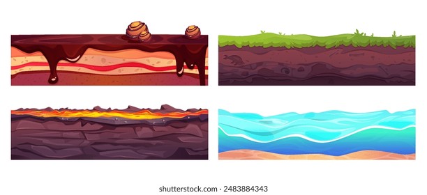 Cut soil platform for game ui design. Ground sections for level land creation with different surface - green grass and sea water wave, flowing lava and sweet chocolate dessert. Cartoon vector set.