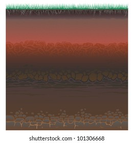 A Cut Of Soil (profile) With A Grass, Roots,layers Of The Earth, Clay And Stones (Vector Illustration).