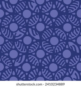 Cut square ornamental panels with abstract rounded shape. Fretwork screen template. Ethnic ornament of intertwined roots. Circles ancient pattern. Violet seamless texture. Vector