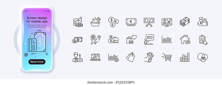 Ícones de imposto cortado, diagrama de Euler e linha de Salário para aplicativo Web. Tela de gradiente de maquete de telefone. Pacote de excelência operacional, gráfico, ícones de pictograma de moeda Usd. Vetor