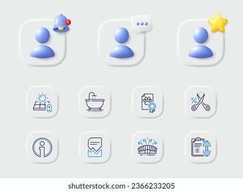Cut tax, Sports arena and Dumbbell line icons. Placeholder with 3d star, reminder bell, chat. Pack of Info, Solar panel, Dog certificate icon. Corrupted file, Bath pictogram. Vector