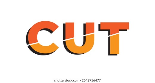 Vetor de texto de corte - palavra fatiada "CUT" em laranja e preto, conceito de tipografia mínima negrito para desconto, efeito de falha, símbolo de redução, gráfico editorial ou elemento de design UX