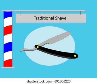 Cut throat razor  next to a striped barbers pole