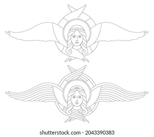 Cut through the image of an angel with wings and a halo. Embroidery with threads of an icon, a shroud, or a priest's vestment for worship in the Orthodox Church. Vector outline illustration 