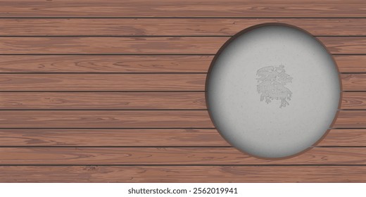 Cut timber panels mocha tone with circle hole have cement texture loft style behind graphic illustration. 