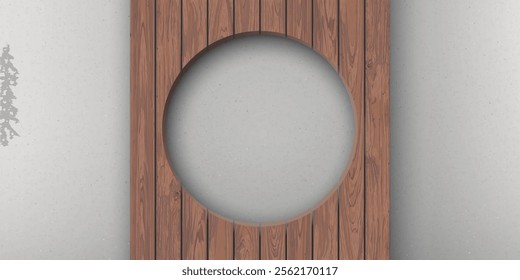 Cut timber panels mocha tone with circle hole have cement texture loft style behind graphic illustration. 
