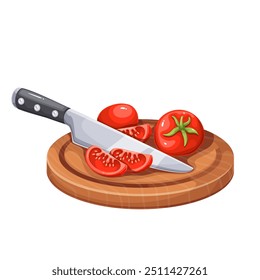 Corte o tomate com a faca em fatias na placa de madeira do desenho animado. Corte vegetal com ferramenta de cozinha por chef. Preparação de alimentos, mascote de cozinha, desenho animado cortar tomate ingrediente vetor ilustração