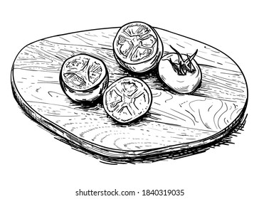 Cut tomatoes on a cutting board. Handmade graphics. Black and white vector illustration 