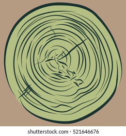 cut of a tree with a pattern of undulating rings and wood grain, wooden stump isolated on brown background, vector sketch