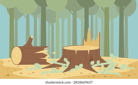 Cut tree stump and fallen timber in a sparse forest setting with light green foliage and sandy ground.