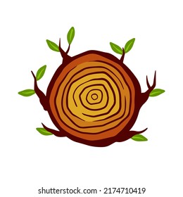Cut tree trunk. Stump cross section. Concentric circular pattern on brown wood. Logger and Woodworking Industry Icon. Branch with leaves
