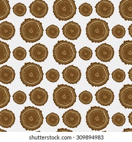 Cut tree - wood and tools. Hand-drawn seamless cartoon pattern with stump.  Doodle drawing. Vector illustration. 