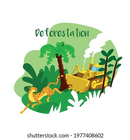 Cut trees 2D vector web banner, poster. Deforestation phrase. Loss of animal natural habitat flat scenery on cartoon background. Industrial damage printable patch, colorful web element