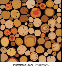 Cut trees. Round firewood of different sizes, lay in a neat pile. In the background there is a black background.