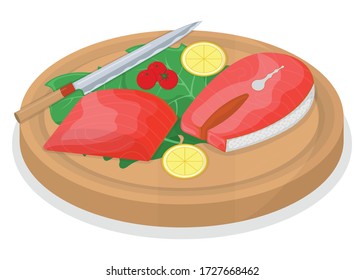 Cut up tuna fish roll and salmon minnow on wooden kitchen board concept isolated on white, cartoon vector illustration. Design preparation seafood, special stuff for cooking, sharp knife slice meat.