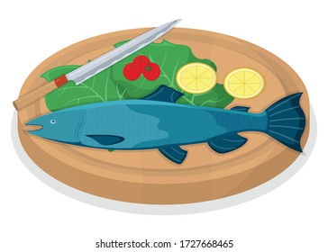 Cut up tuna fish roll and salmon minnow on wooden kitchen board concept isolated on white, cartoon vector illustration. Design preparation seafood, special stuff for cooking, sharp knife slice meat.