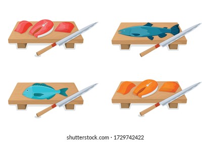 Cut up tuna fish roll and salmon minnow on wooden kitchen board concept isolated on white, cartoon vector illustration. Design preparation seafood, special stuff for cooking, sharp knife slice meat.
