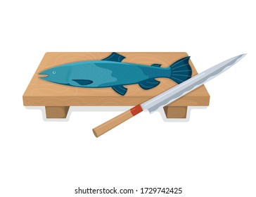 Cut up tuna fish roll and salmon minnow on wooden kitchen board concept isolated on white, cartoon vector illustration. Design preparation seafood, special stuff for cooking, sharp knife slice meat.