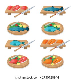 Cut up tuna fish roll and salmon minnow on wooden kitchen board concept isolated on white, cartoon vector illustration. Design preparation seafood, special stuff for cooking, sharp knife slice meat.