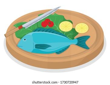 Cut up tuna fish roll and salmon minnow on wooden kitchen board concept isolated on white, cartoon vector illustration. Design preparation seafood, special stuff for cooking, sharp knife slice meat.