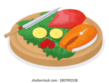 Cut up tuna fish and salmon minnow on wooden kitchen board concept isolated on white, cartoon vector illustration. Design preparation seafood, special stuff for cooking, sharp knife slice meat.