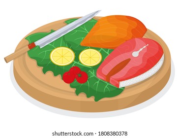 Cut up tuna fish and salmon minnow on wooden kitchen board concept isolated on white, cartoon vector illustration. Design preparation seafood, special stuff for cooking, sharp knife slice meat.