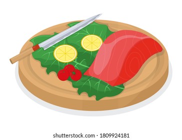 Cut up tuna fish and salmon minnow on wooden kitchen board concept isolated on white, cartoon vector illustration. Design preparation seafood, special stuff for cooking, sharp knife slice meat.